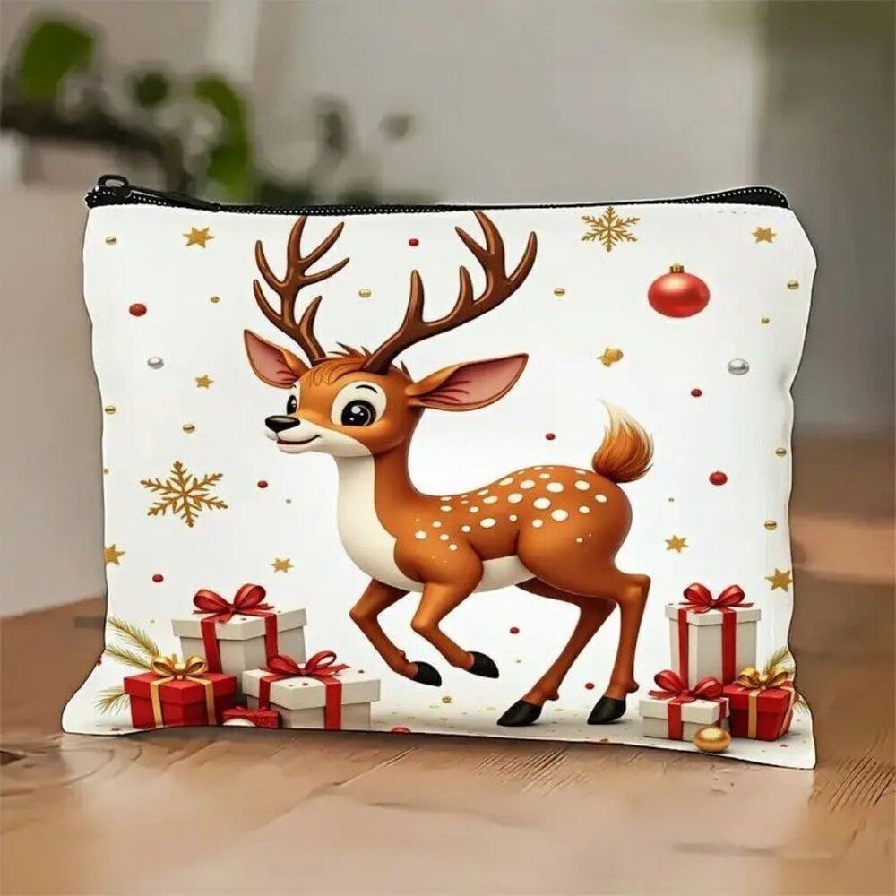 Cute Baby Reindeer and Presents Holiday Makeup Cosmetic Bag Zipper Lightweight